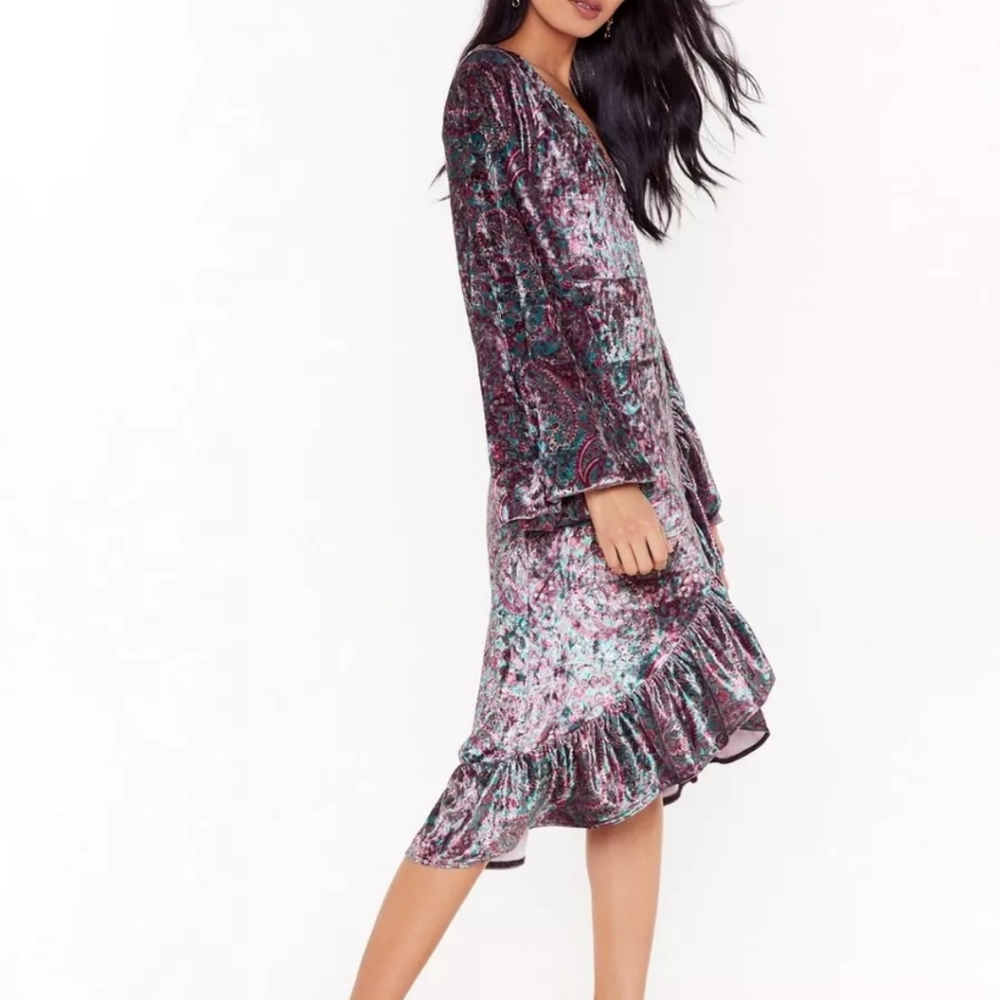 Paisley Velvet Wrap Ruffle Midi Dress - Picture 3 of 4